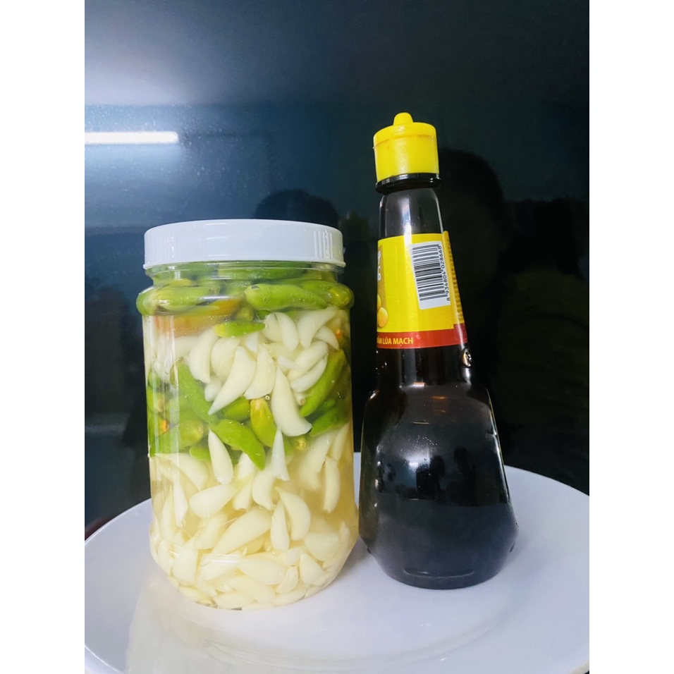 Tỏi lý sơn ngâm giấm + ớt xanh chua ngọt 1 hũ 500gram