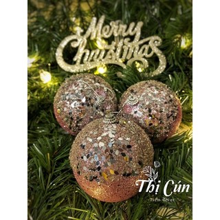Combo 3 quả châu hồng đính kim tuyến trang trí cây thông Noel đường kính 8cm