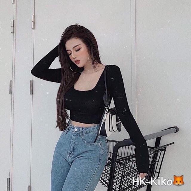 Áo body dài tay cổ u - chất len zip