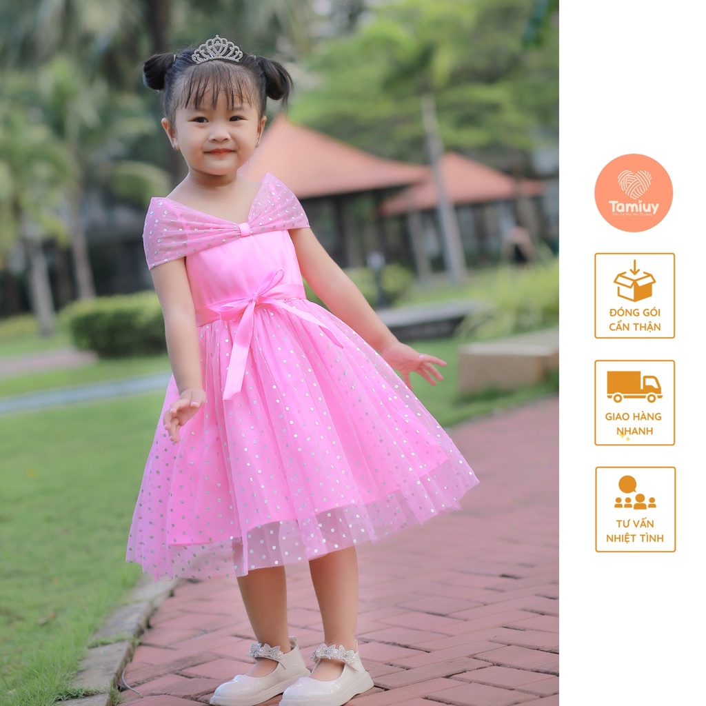 Đầm dạ hội công chúa kim tuyến 2 dây trễ nơ vai cho bé gái từ 1-10 tuổi