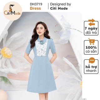 Đầm công sở CITI MODE FASHION thiết kế dáng A xanh phối ren DH3719