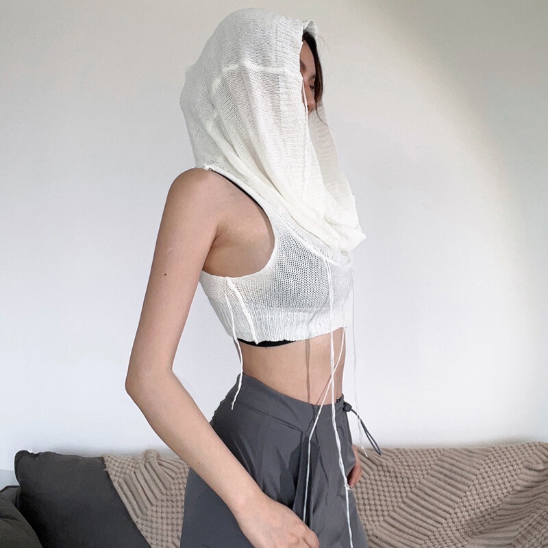 Weird Puss Áo croptop sát nách ôm dáng có mũ trùm đầu phong cách Châu Âu đường phố thời trang mùa hè mới cho nữ