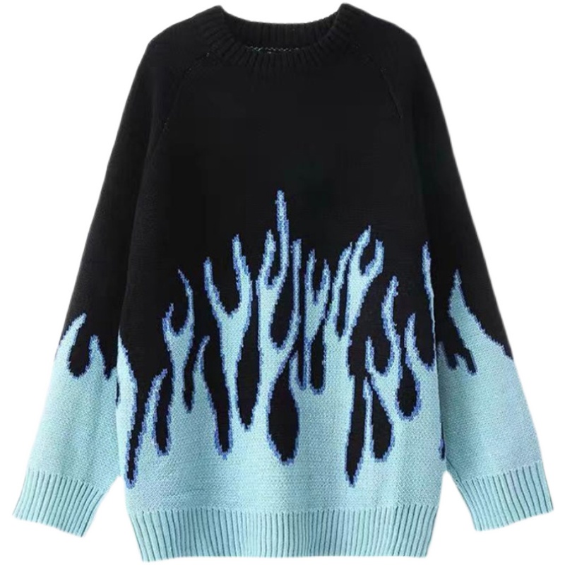 Happy-store ❤️ Áo sweater len nam nữ form rộng ngọn lửa xanh đen, áo sweater nam unisex màu đen thời trang hàn quốc