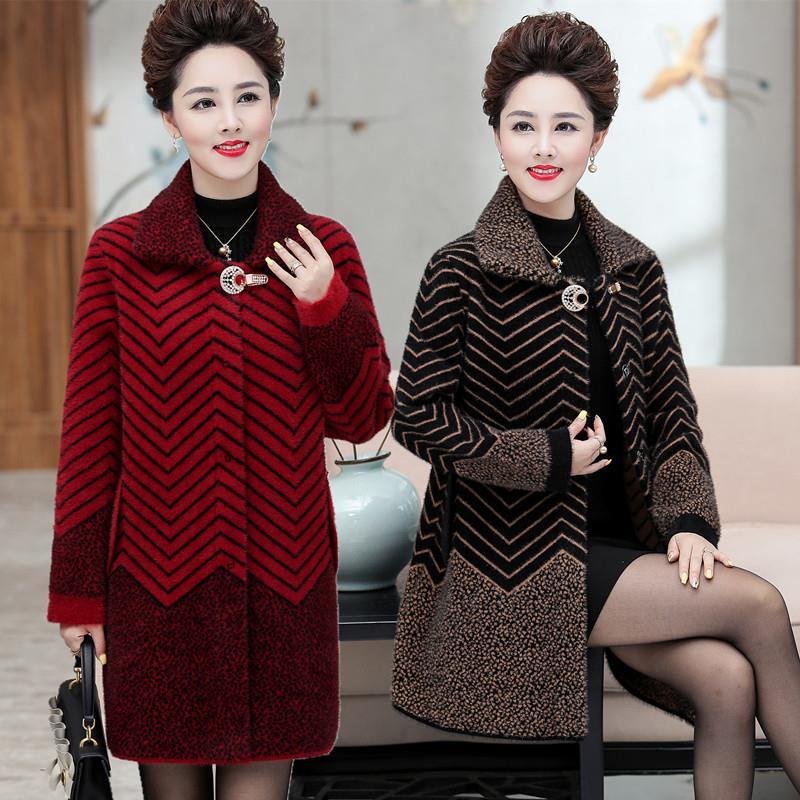 Bà mẹ trung niên và người lớn tuổi áo khoác lông cừu giả chồn dài rộng mùa thu và mùa đông
