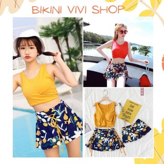 Đồ bơi đi biển, bikini 3 mảnh hoa vàng, đỏ kín đáo vivi shop
