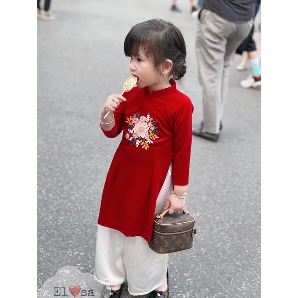 Áo dài THÊU HOA bé gái tặng bờm mã 82096