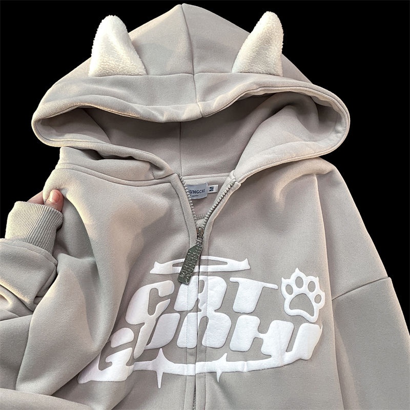Áo hoodie nữ Áo Khoác Cardigan Sweatshirt Có Mũ Trùm Đầu Thiết Kế Tai Mèo Phong Cách Hip Hop Đường Phố Mỹ Dành Cho Bạn
