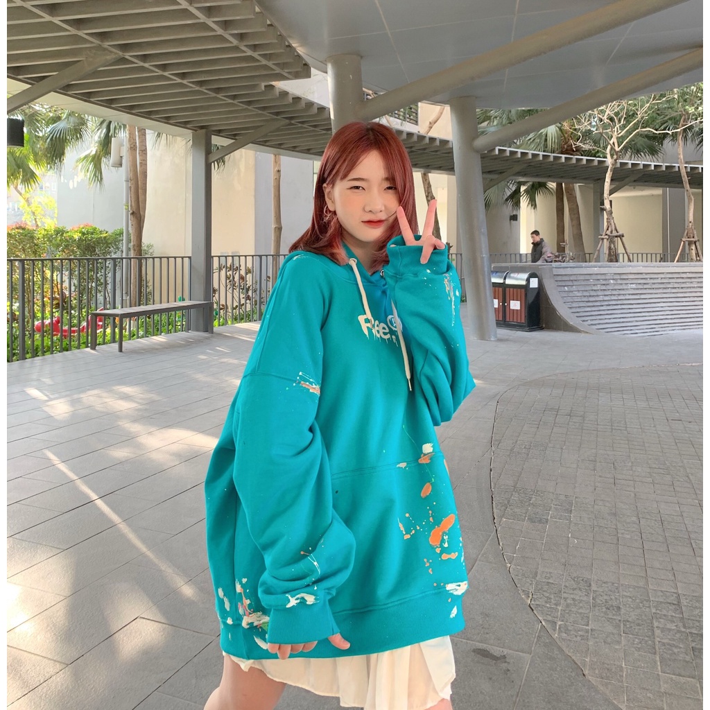 LOCAL BRAND REE - ÁO HOODIE VẨY SƠN THỦ CÔNG MÀU XANH