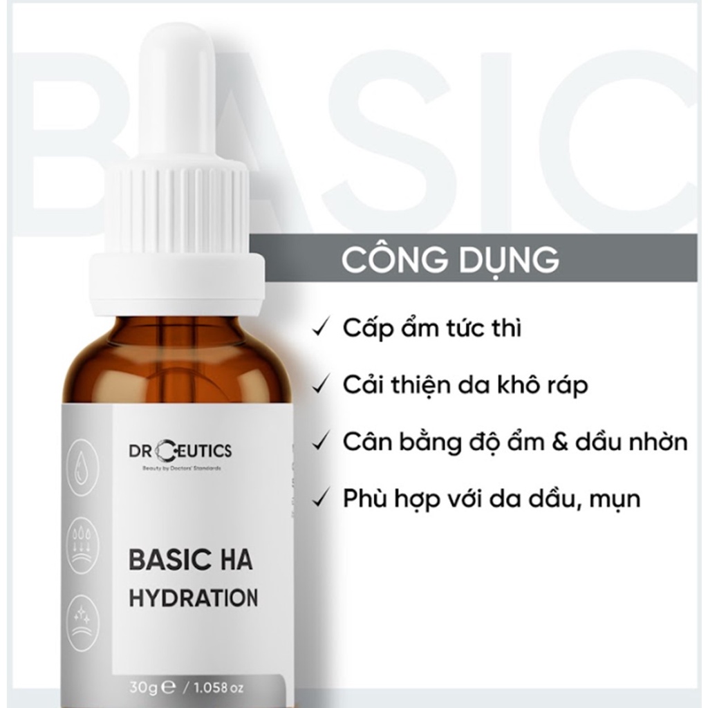 Tinh Chất HA Hyaluronic Acid DrCeutics Cho Da Dầu Mụn, Dưỡng Ẩm Và Căng Bóng Da 30g