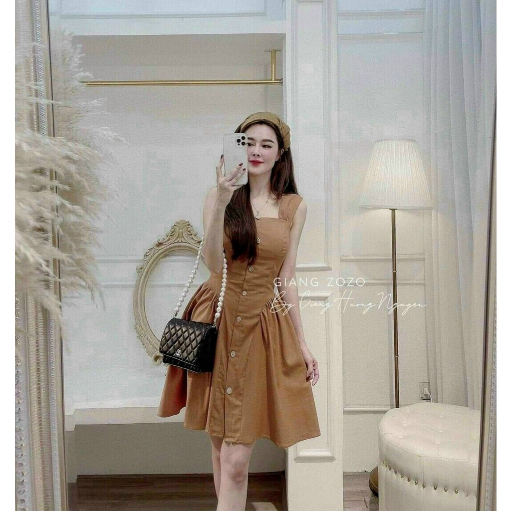 Váy nữ cổ vuông dáng xòe sát nách phối nút sang trọng lịch sự YADO, Váy thiết kế dạo phố siêu xinh V31