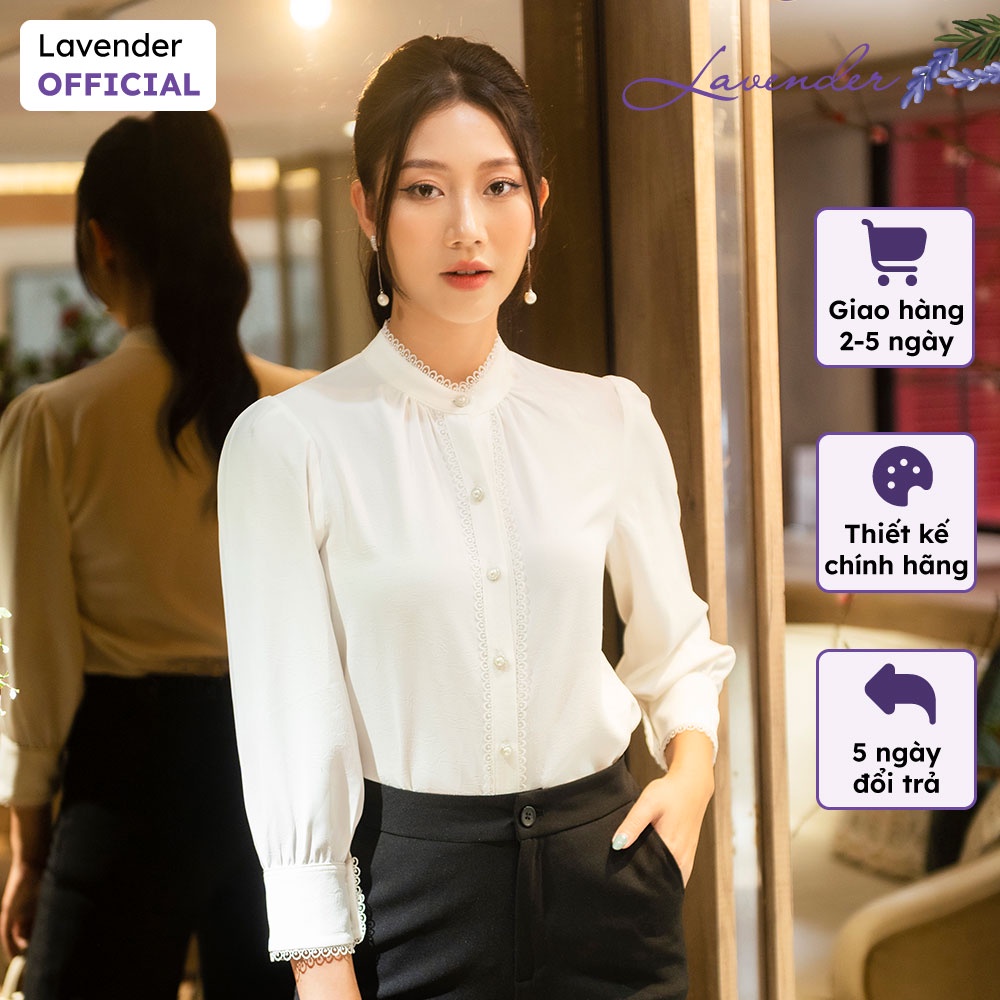 Áo sơ mi trắng công sở nữ LAVENDER cổ cao phối ren tay dài A2669