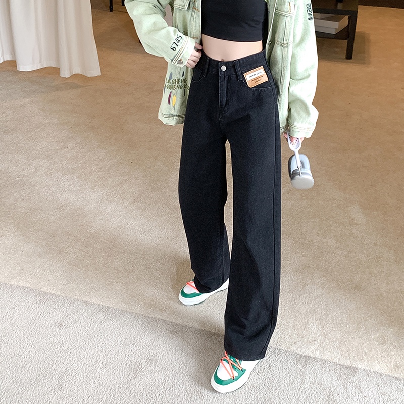 Quần jean SUXI cho nữ thiết kế dài lưng cao ống rộng màu đen thời trang mùa thu cá tính
