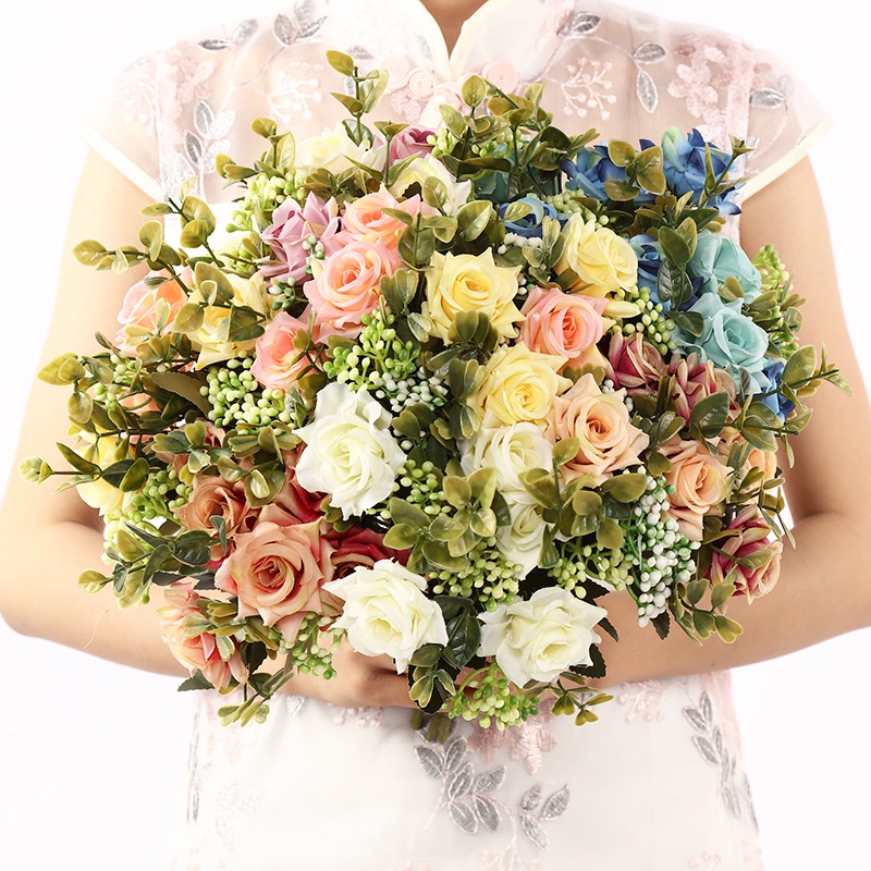 Đốm# Hoa Hồng Lụa Uốn Xoăn Ý Mới# Bó Hoa Hồng Giả Trang Trí Tiệc Cưới