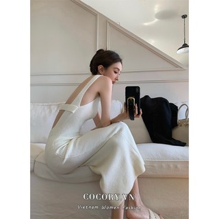 Cocorygirl Đầm Maxi Dệt Kim Hở Lưng Phong Cách Vintage Dịu Dàng