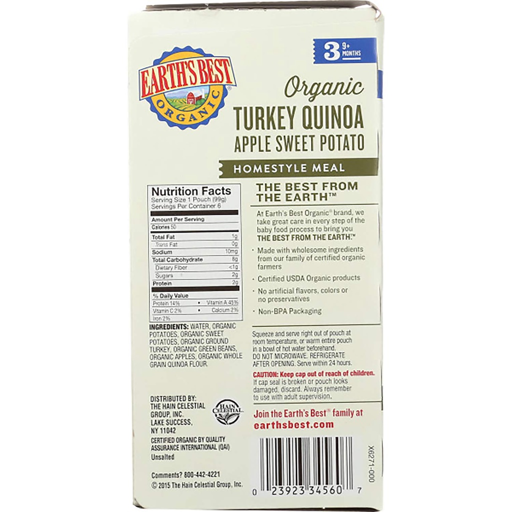 Túi thức ăn dinh dưỡng ăn liền Earth's Best cho bé 9 tháng Cơm gà tây/Nui phô mai/Súp gà - Bữa ăn chính hữu cơ