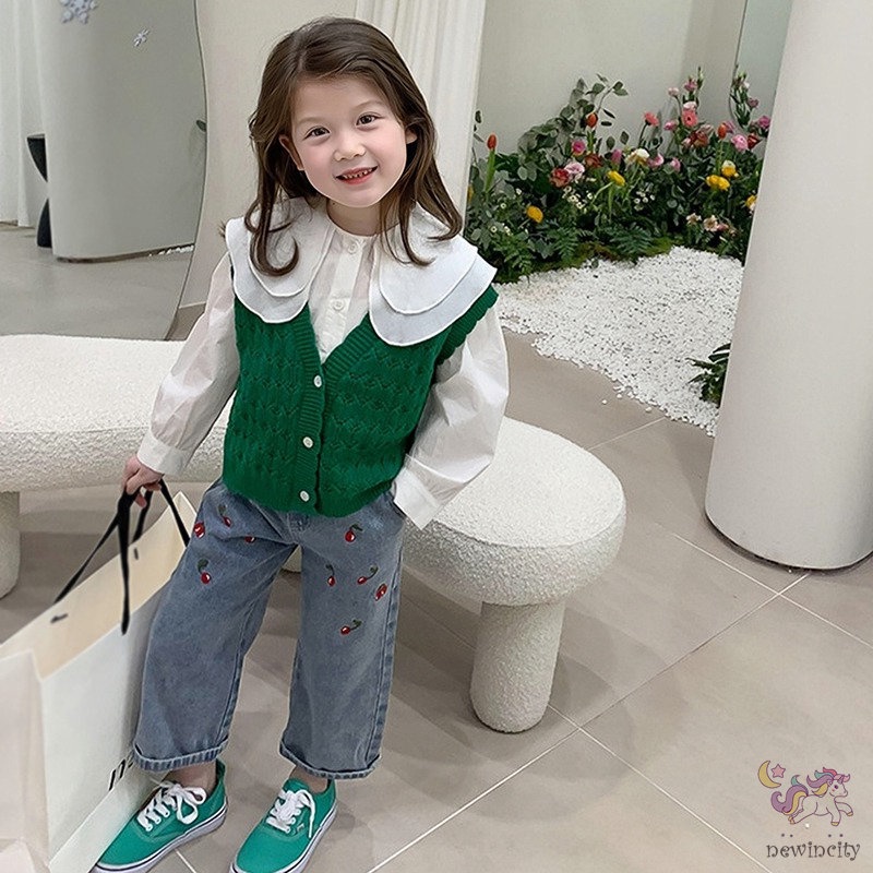 Quần Jean Dài Dáng Suông Rộng Lưng Thun Thêu Hình Cherry Kiểu Hàn Quốc Dễ Thương Cho Bé Gái