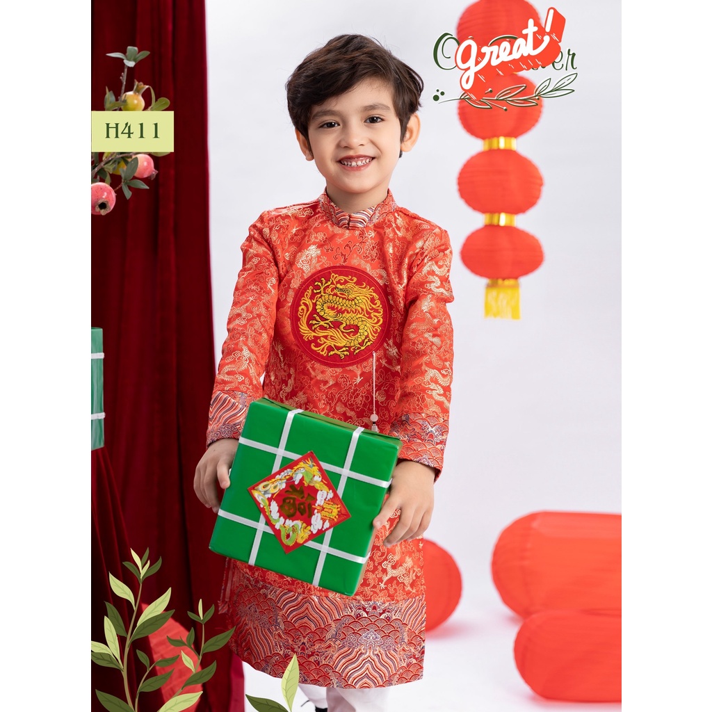 Áo dài cách tân cho bé trai diện tết mẫu Rồng thêu từ 12-30kg hàng thiết kế cao cấp