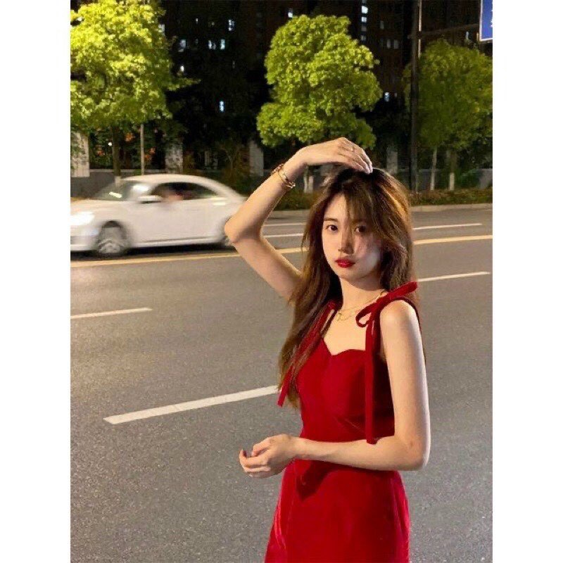 Đầm Nhung Cột Hai Dây Có Mút