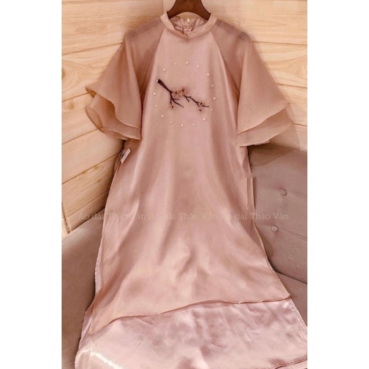 Áo dài cách Tân, áo dài hoa đào, mẫu hoa đào màu hồng tay cánh tiên-HS001
