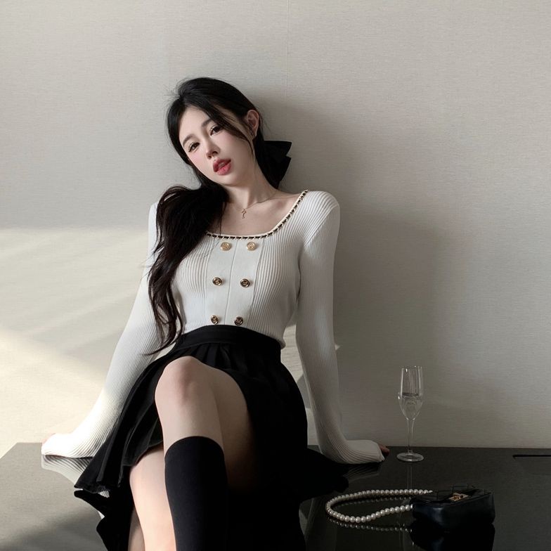 COZOK Áo Dệt Kim Tay Dài Cổ Vuông Dáng Ôm Quyến Rũ Thời Trang Cho Nữ