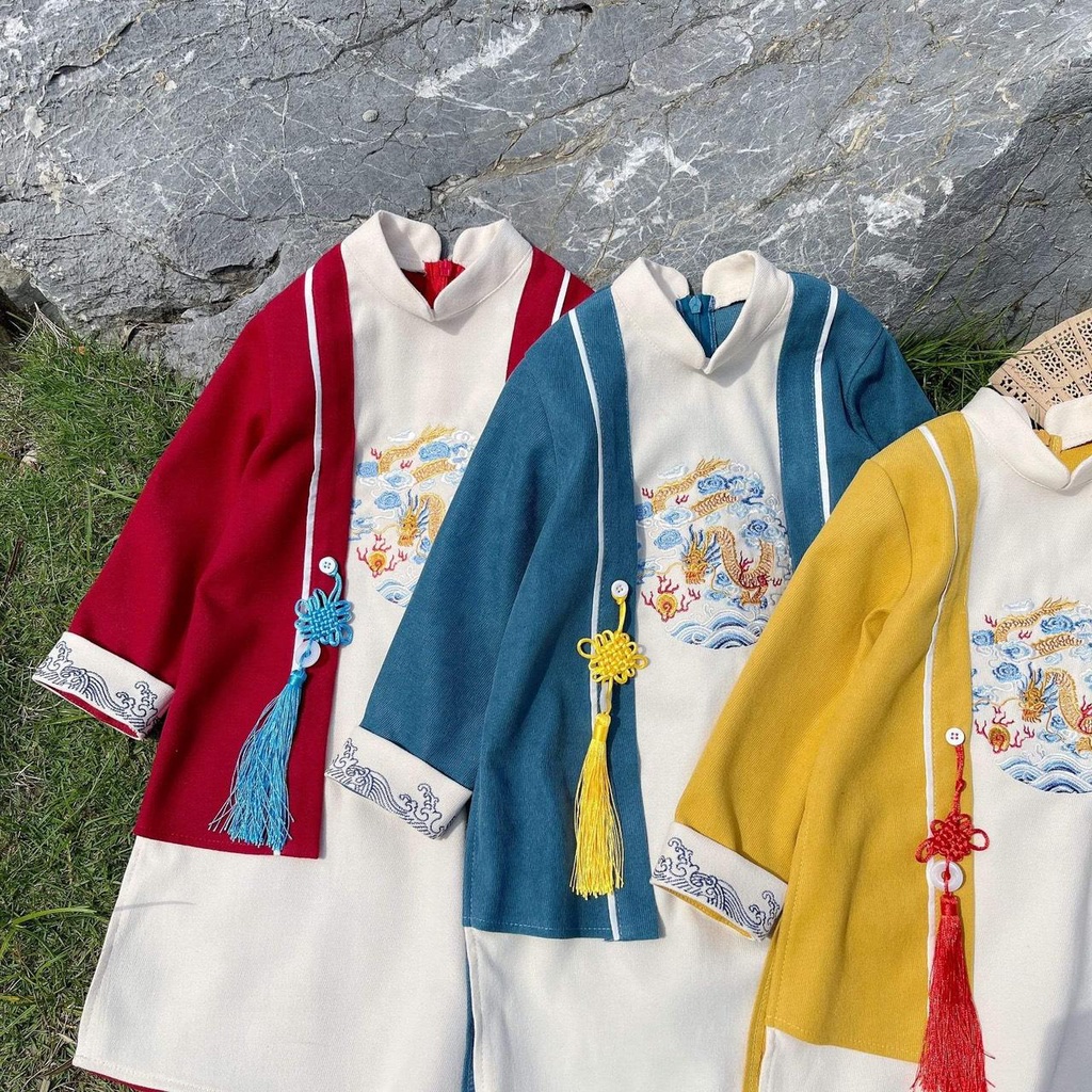 Áo dài Tết cách tân cho bé trai thêu rồng  size 1 2 3 4 5 6 - TD4154