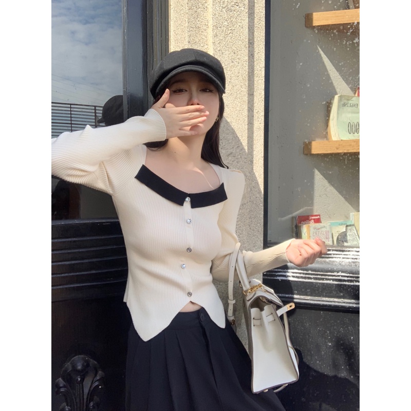 ZHELIHANGFEI Áo Sweater Dài Tay Lưng Cao Phong Cách Pháp Quyến Rũ