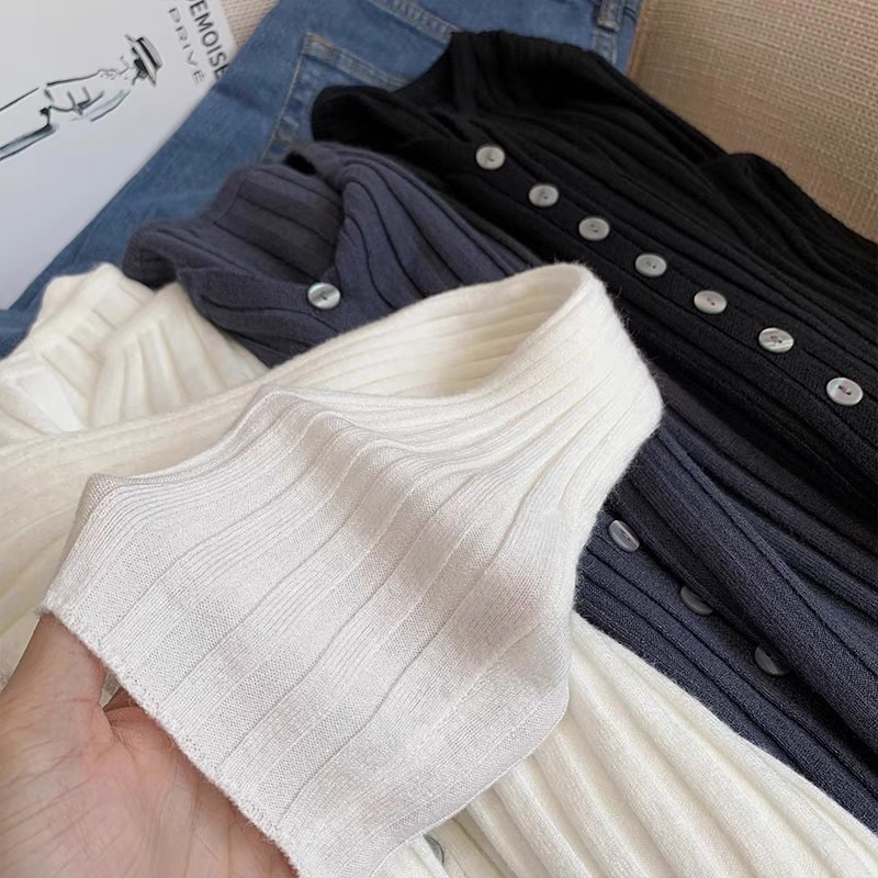 Áo Len Tăm Gân Dài Tay Cúc Ngực, Áo Thun Nữ Dáng Crotop Hàng Đẹp