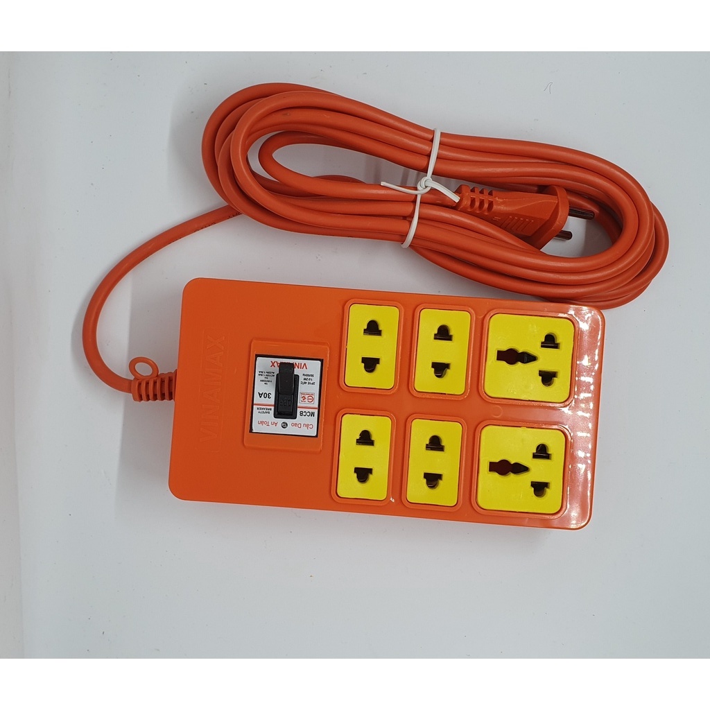 Ổ CẮM ĐIỆN CHỊU TẢI 6 CỬA LÕI SỨ CÓ CB 30A CÓ DÂY CẮM VINAMAX ® - Hàng Việt Nam chất lượng cao (4 LÕI SỨ & 2 LÕI NHỰA)