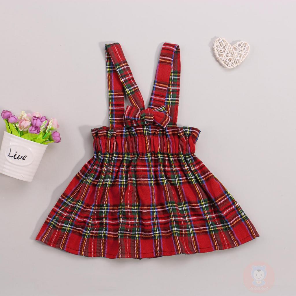 Đầm Yếm In Caro Hai Dây Bản Rộng Phối Nút Thời Trang Giáng Sinh LAA6 Cho Bé Gái