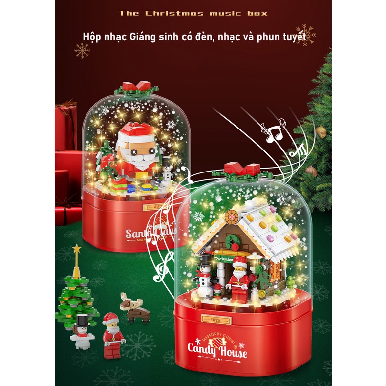 Hộp Phát Nhạc ghép hình Giáng Sinh PHUN TUYẾT RƠI + ĐÈN + NHẠC xoay tròn, Mô Hình Quà Tặng Ông Già Noel, Người Tuyết