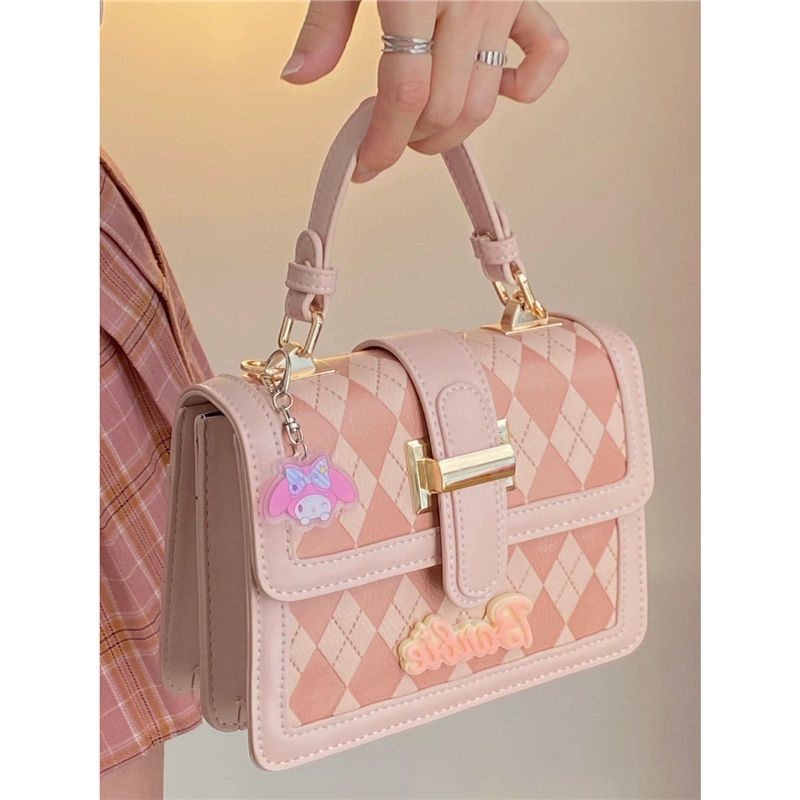 Túi Đeo Chéo Nhỏ Hình Vuông Họa Tiết Kim Cương Màu Sắc Tương Phản Chất Lượng Cao Cho Nữ