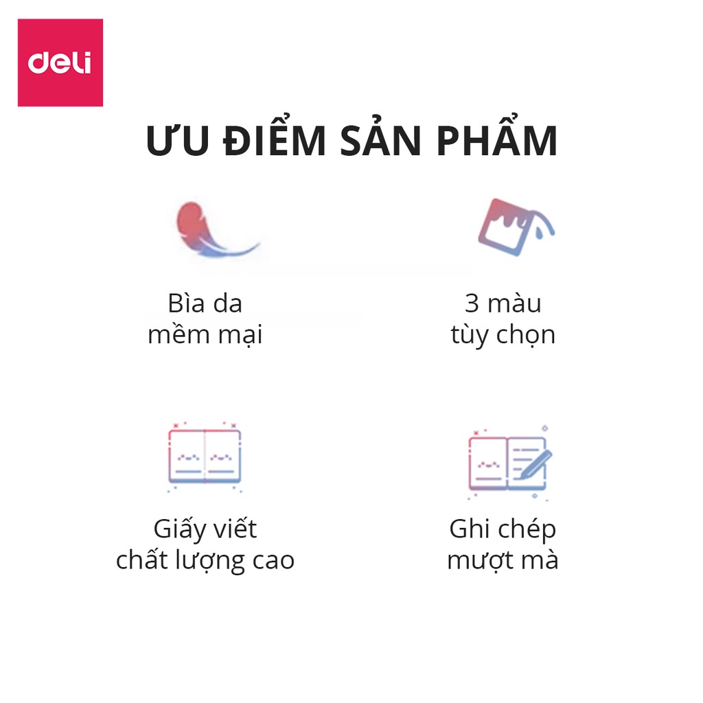 Sổ Tay Ghi Chép A5 Bìa Da Deli - Màu Đen/Hồng/Xanh, 300 trang, 80/100gsm, Chống Nước Dành Cho Học Sinh, Văn Phòng