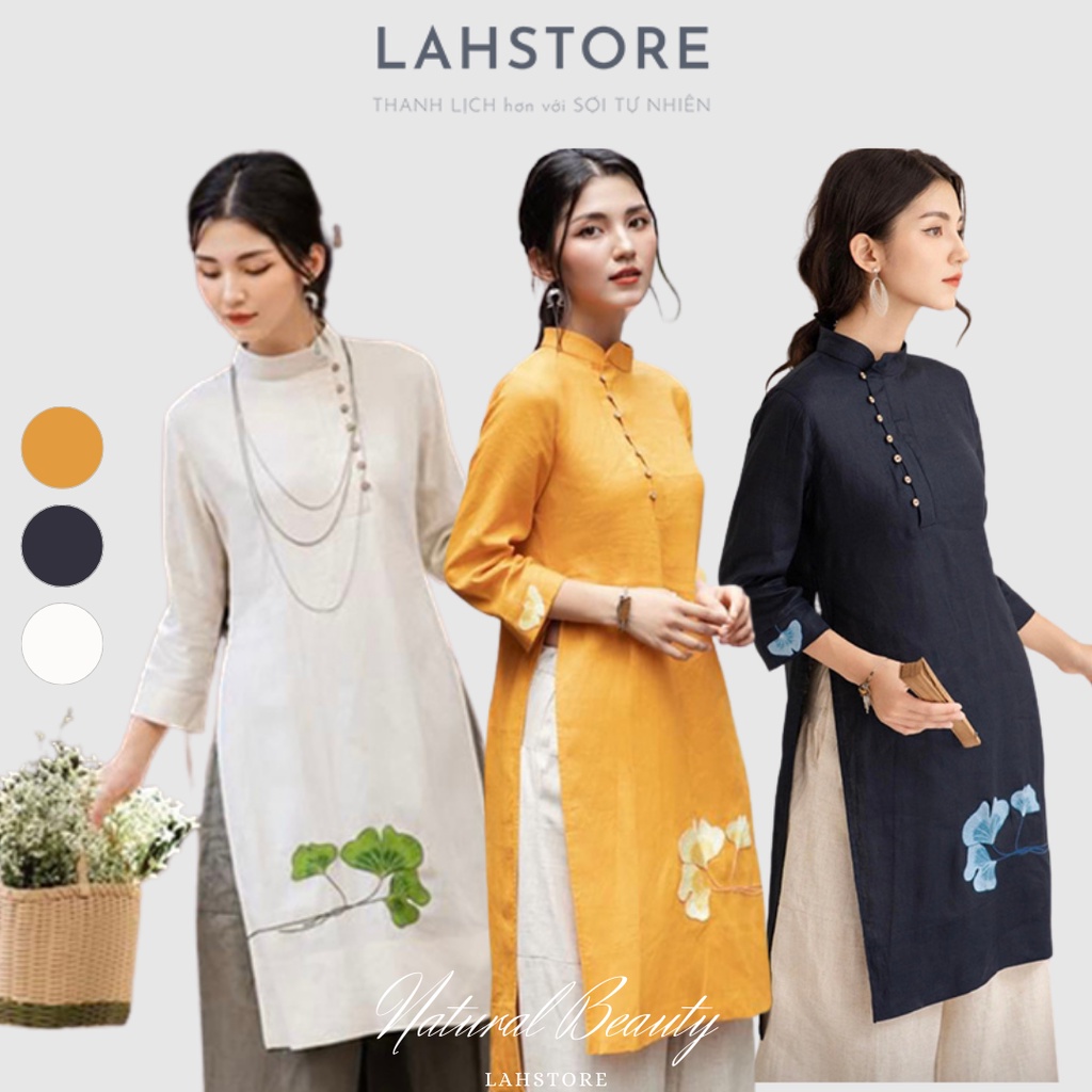 Áo dài cách tân diện tết vải linen premium cao cấp, tay lỡ cúc lệch thêu hoa - 𝐋𝐀𝐇𝐒𝐓𝐎𝐑𝐄 𝐁𝐒𝐓 𝐓𝐞̂́𝐭 𝟐𝟎𝟐𝟑