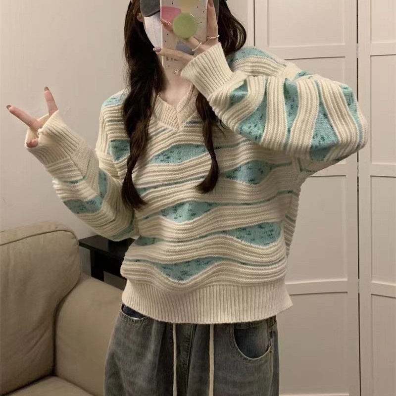 SUXI SUXI Áo Sweater Dệt Kim Tay Dài Dáng Rộng Họa Tiết Kẻ Sọc Thời Trang Thu Đông Cho Nữ