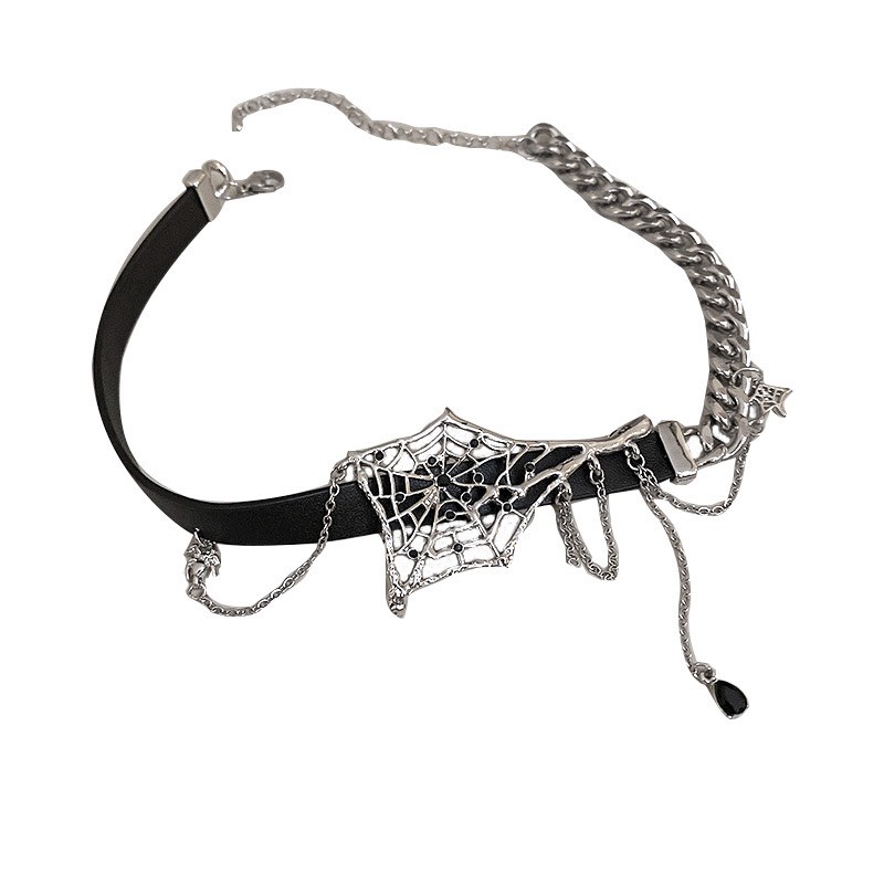 Choker da Pu mix xích sợi to gothic cá tính Choker mạng nhện