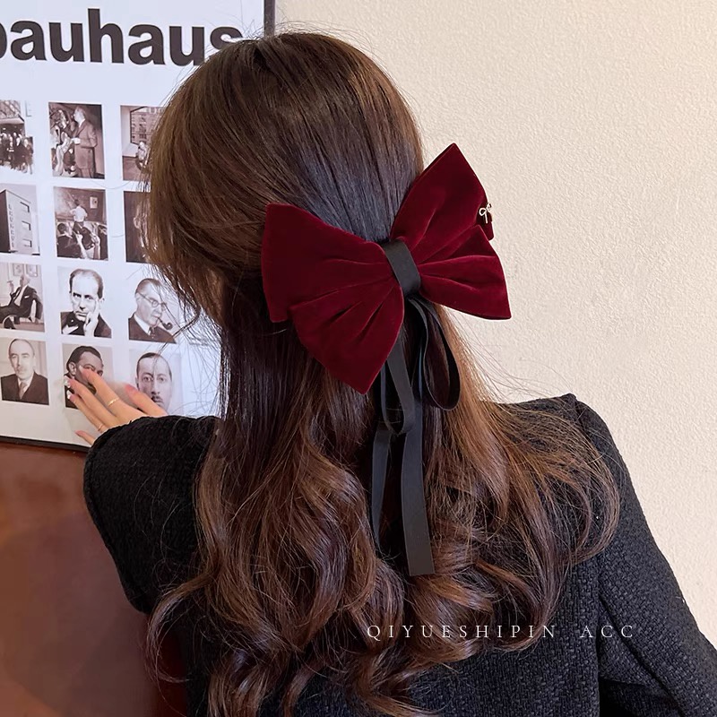 Kẹp Tóc Đính Nơ Vải Nhung Phong Cách Retro Thanh Lịch Cho Nữ