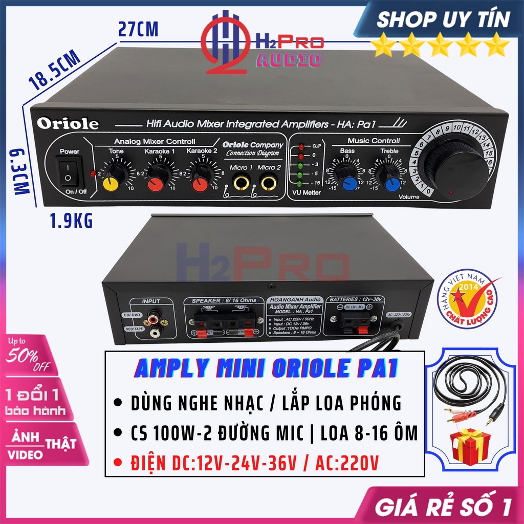 Âm Ly Mini 12V Karaoke, Amply Loa Phóng Thanh Oriole Pa1 100W-2 Đường Mic, 12V-24V-220V (Tặng Dây Av)-H2Pro Audio