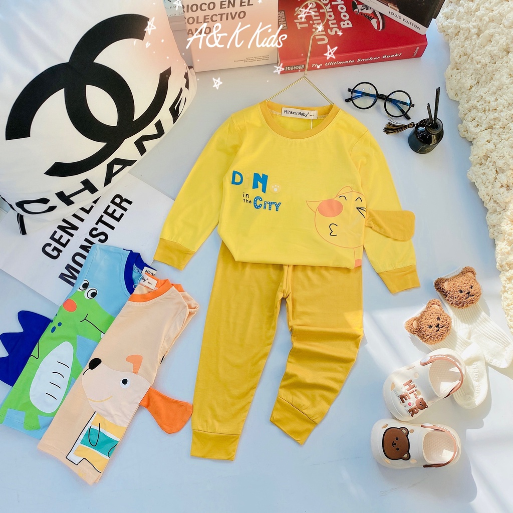 Bộ dài tay phối tai thú thật, minkey thun lạnh phối viền bo cho bé trai,gái dưới 1m2,từ 7kg đến 19kg M.52