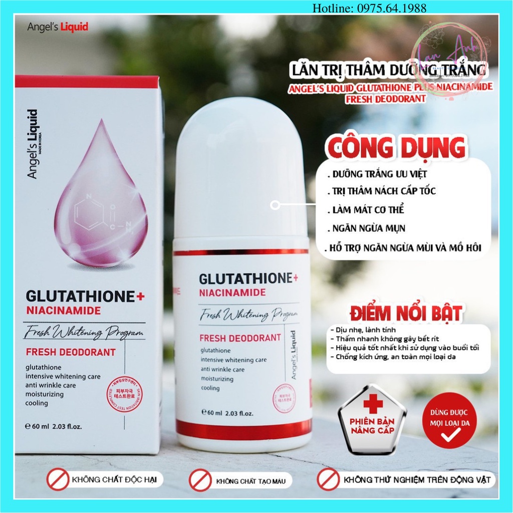 [Chính Hãng] Lăn Khử Mùi Giảm Thâm, Dưỡng Trắng Angel’s Liquid Glutathione + Niacinamide 60ml