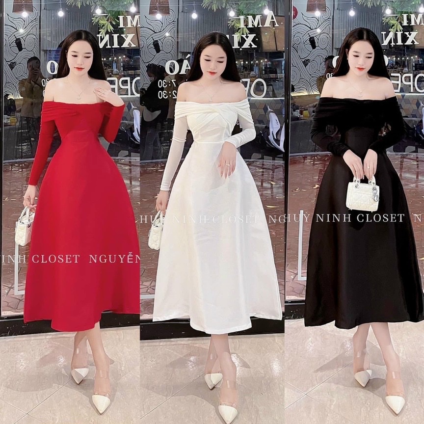 Váy đầm nữ dáng xòe trễ vai tay dài chất cotton lạnh ( có mút ) thích hợp cho nàng đi chơi và dự tiệc DX