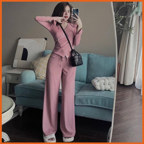 Set bộ thu đông nữ áo vạt chéo + quần suông có dây tùy chỉnh chất liệu tăm mềm