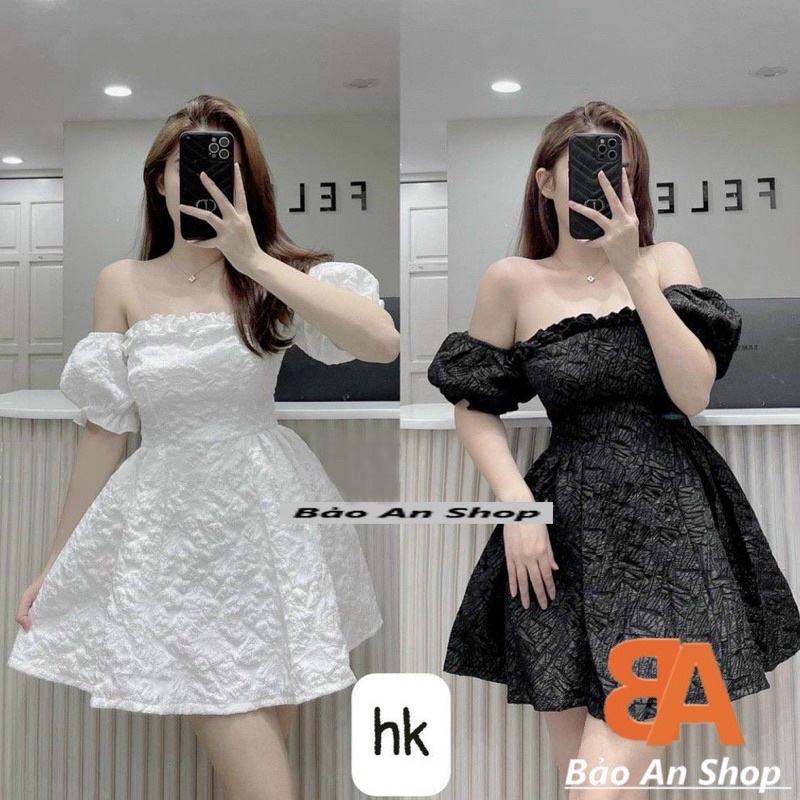 Đầm gấm xốp đính tay form xoè trễ vai dễ thương khoá kéo sau lưng tiểu thư FreeSize feedback xinh - Bảo An Shop hot top