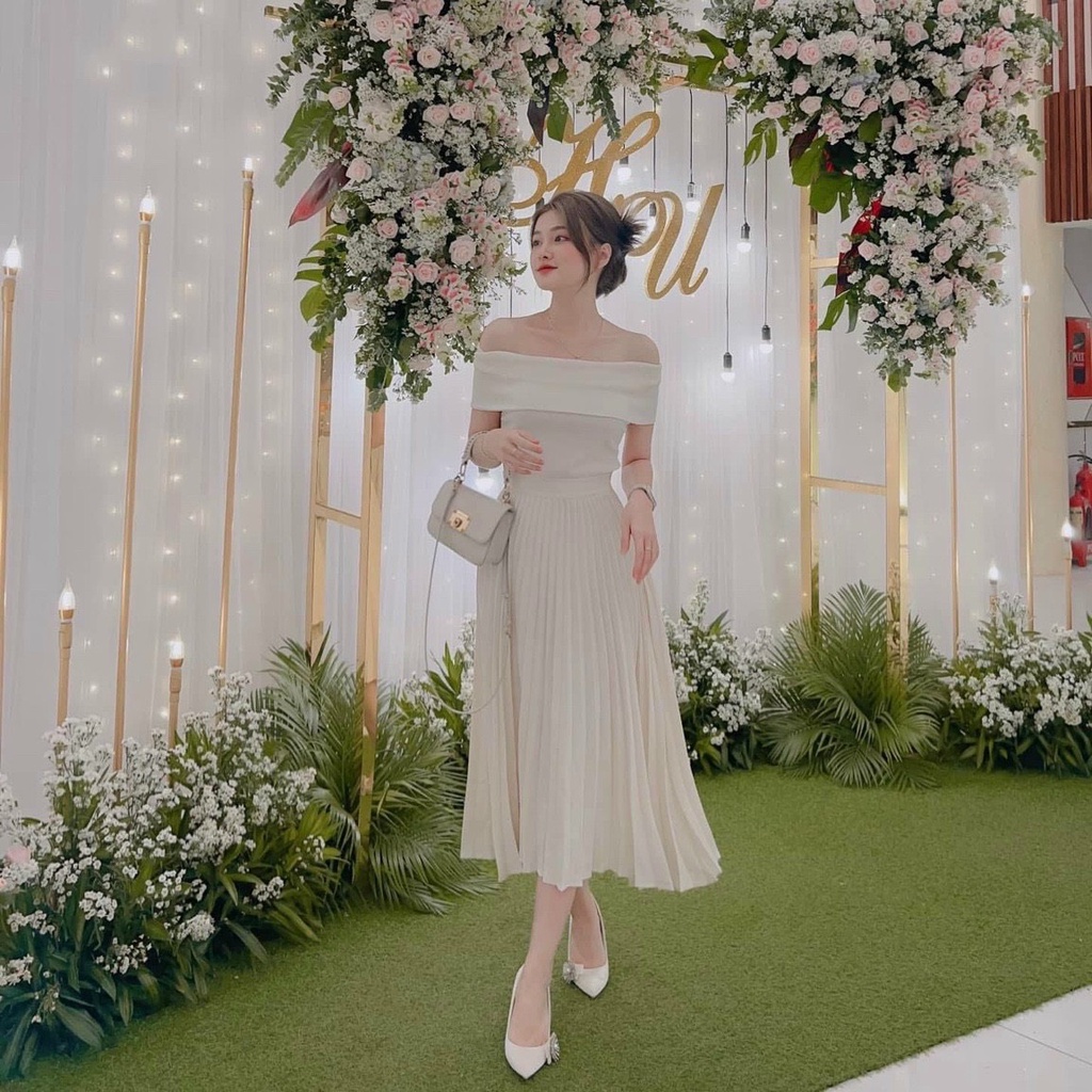 Sét bộ váy nữ áo gân trễ vai3 màu siêu xinh dễ thương kèm chân váy for dậy ly tôn dáng quý phái dự tiệc đi chơi dạo phố