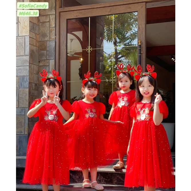 Váy công chúa đỏ hoạ tiết tuần lộc + tặng kèm bờm Noel xinh xỉu - chuẩn Noel luôn các Mom ơi!!!