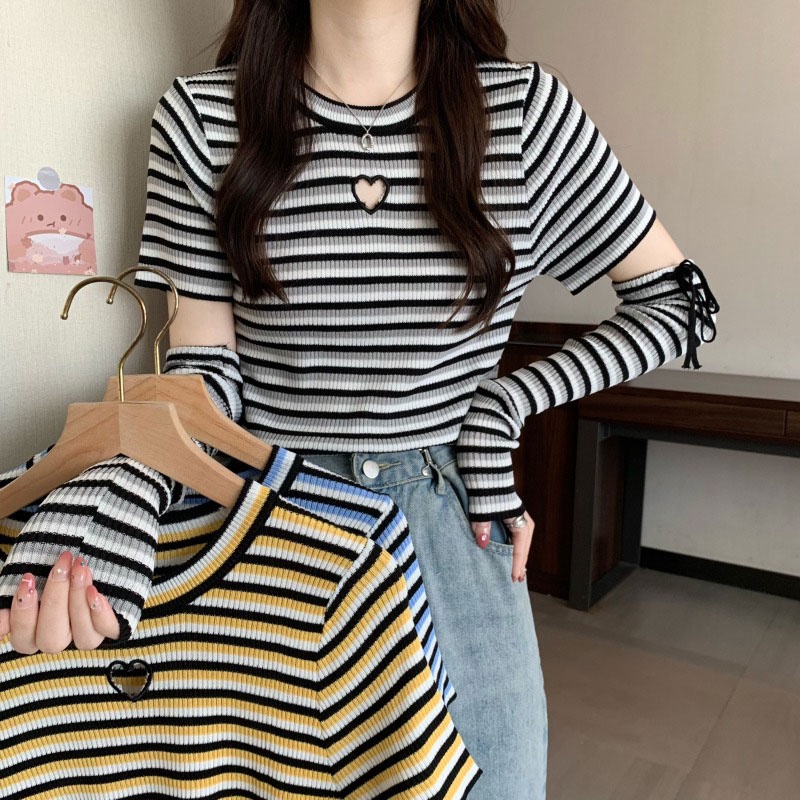 Áo Thun Tay Dài Dáng Ôm Họa Tiết Kẻ Sọc Thời Trang Hàn Quốc Cho Nữ