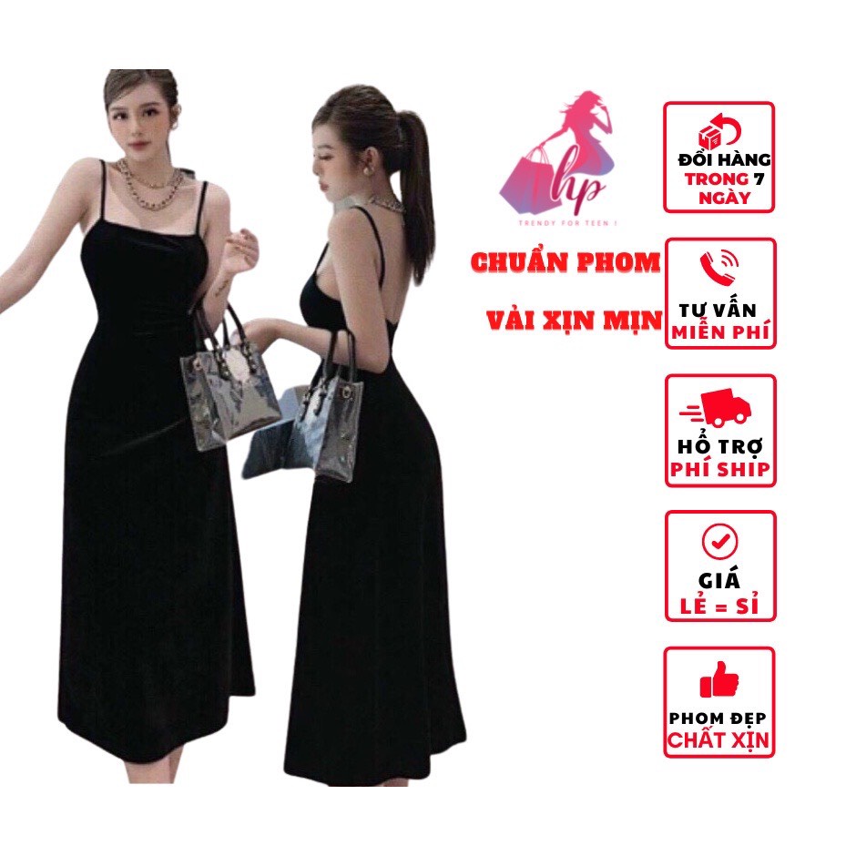 Đầm váy nữ 2 dây ôm body hở lưng chất nhung mềm màu đen dự tiệc sang chảnh thời trang sexy - VD12
