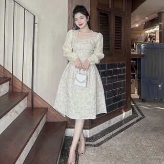 Váy gấm li eo cổ vuông có lót ảnh thật