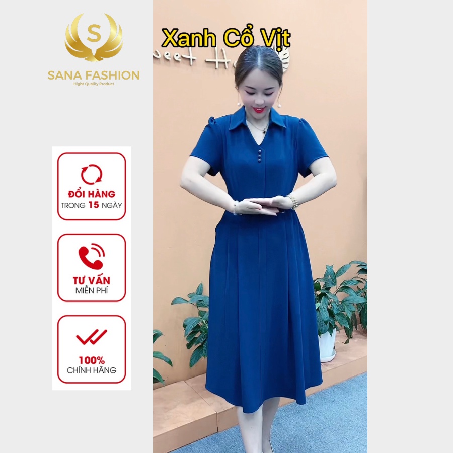 Đầm trung niên cho mẹ cổ sơ mi sang trọng công sở chất lụa hồng ngọc