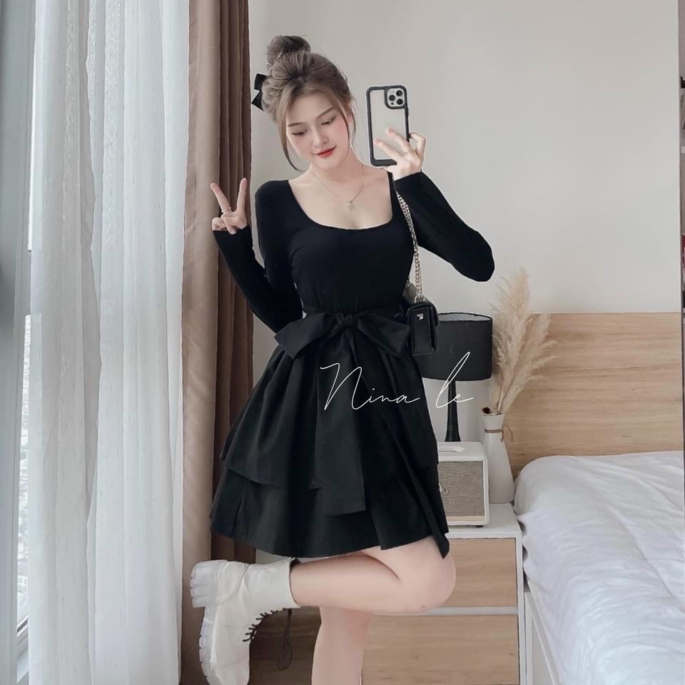 Set váy nữ EVANIA set váy tiểu thư dáng xòe thiết kế có nơ thắt eo sang chảnh, váy dự tiệc màu Đen MÃ B250