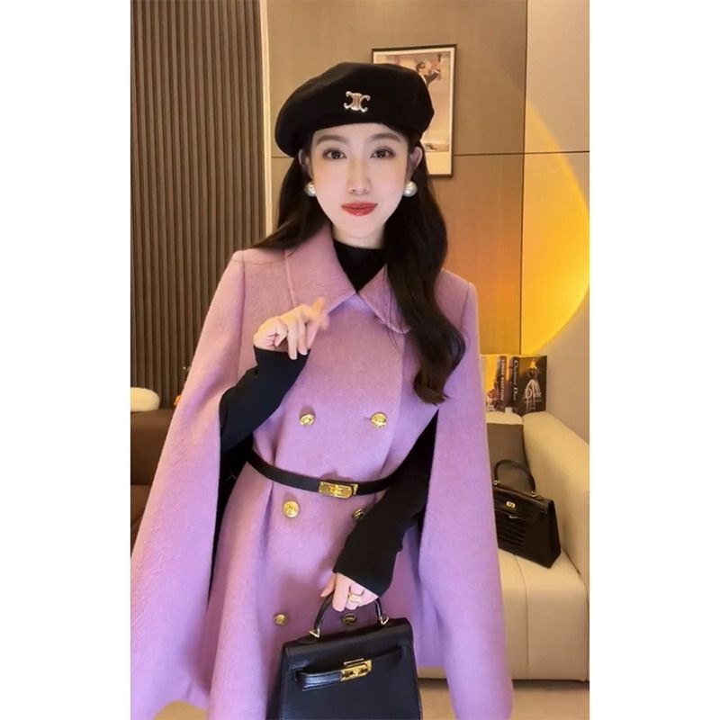 Xiaoxiang Áo Choàng Len Cao Cấp Màu Tím Phong Cách Hepburn Thu Đông Dành Cho Nữ